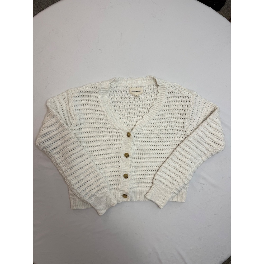 Lucky Brand Cream White Open Knit Button Front Cardigan Sweater Boho Cropped S